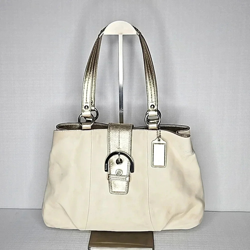 Coach Soho Cream and Gold Leather Tote with Magnetic Enclosure Women's Purse